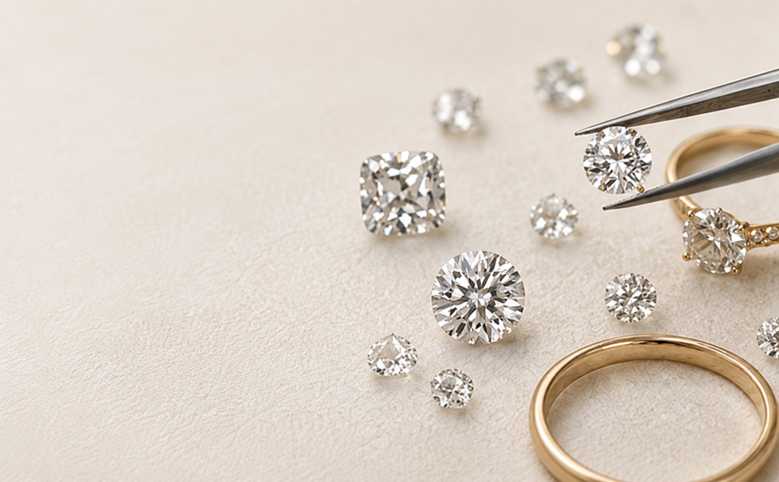 Loose diamonds and a gold ring held with tweezers on a neutral surface