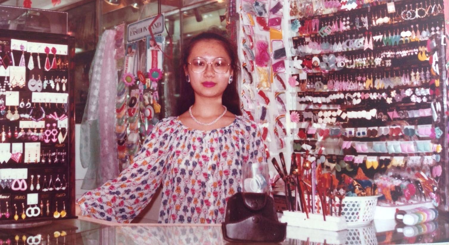 Family jewellery and accessories shop counter, Kowloon, 1987