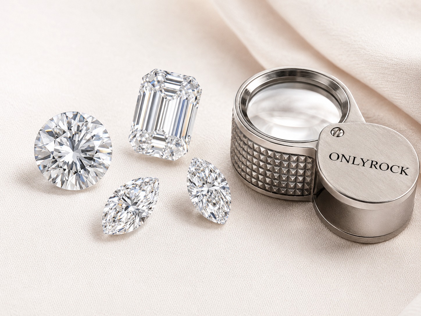 Loose round, emerald and marquise diamonds beside an OnlyRock jeweller's loupe and ring