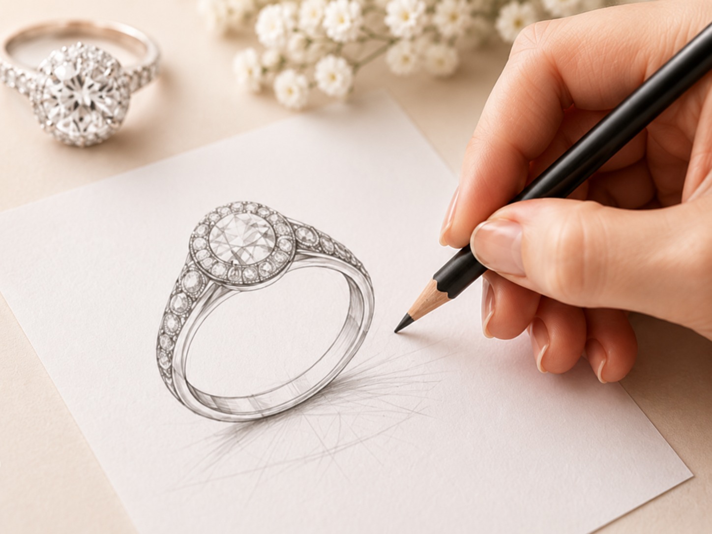 Hand sketching a halo diamond ring design beside the finished ring and baby's breath flowers