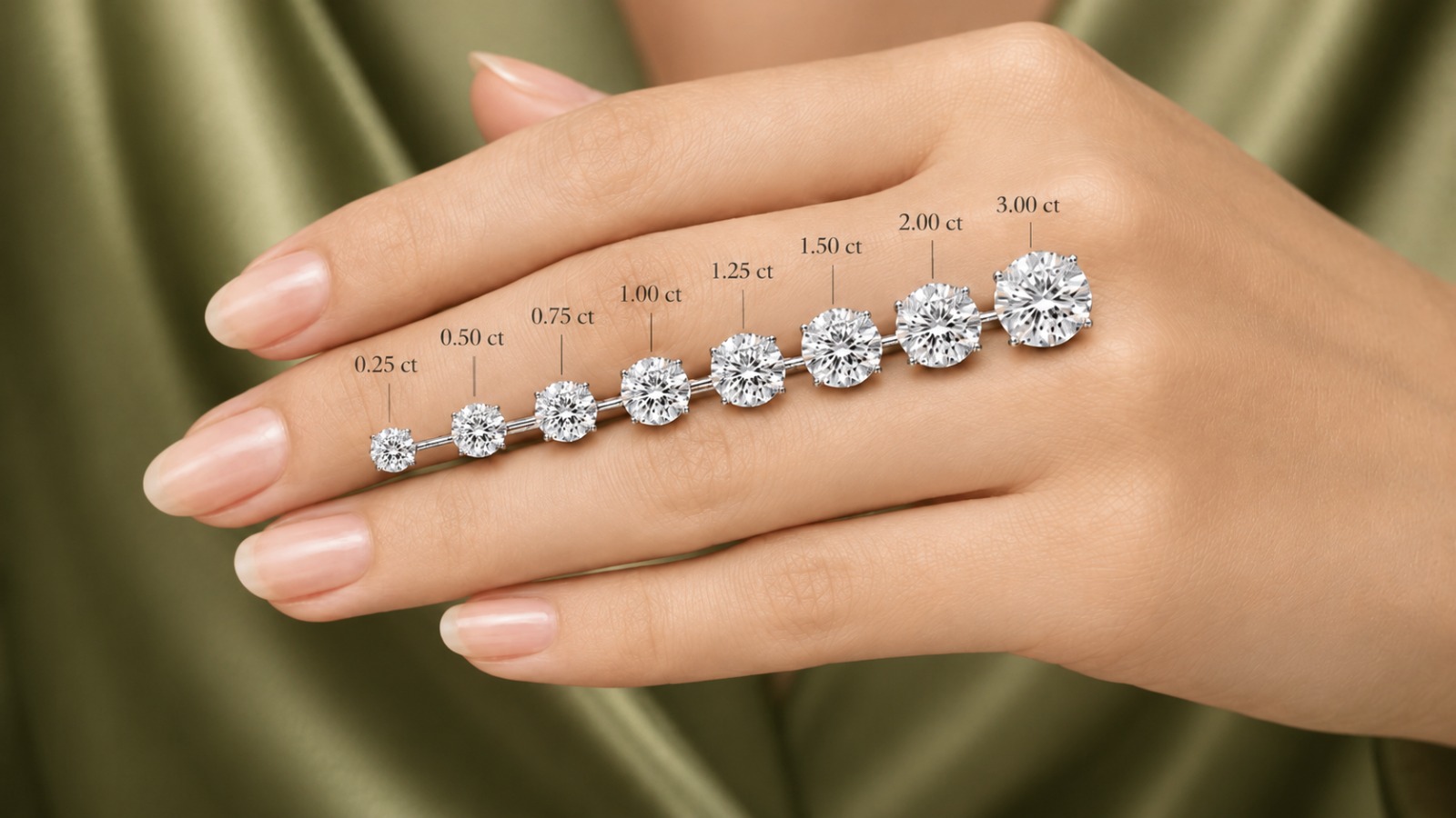Diamond size comparison from 0.25 to 3.00 carat, shown on hand