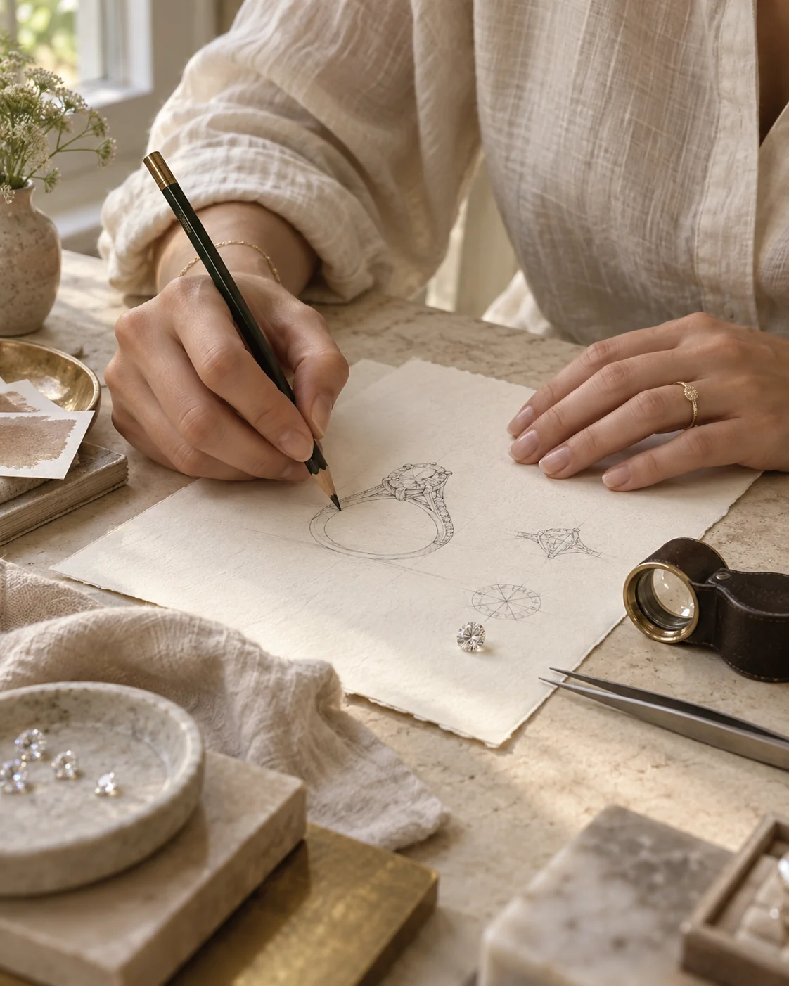 Jewellery design study with hands sketching a ring at an atelier workbench