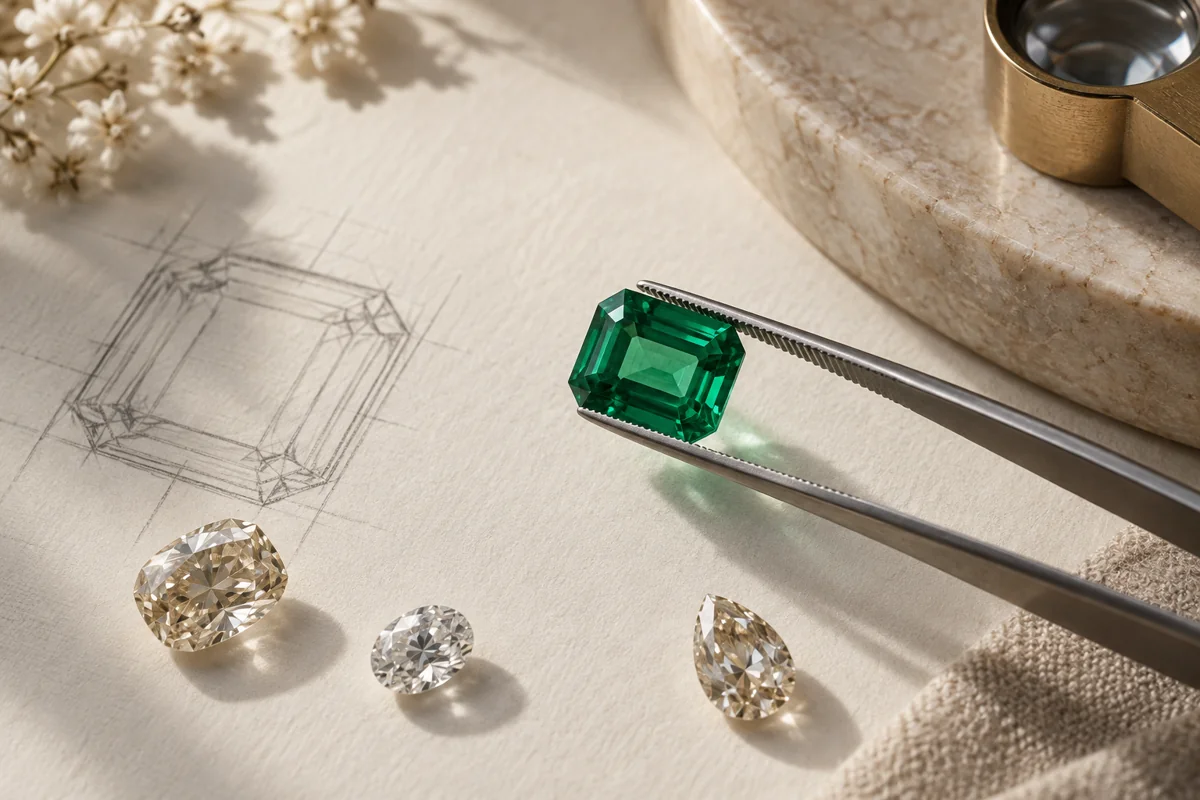 Emerald-cut gemstone held in jeweller tweezers on ivory sketch paper