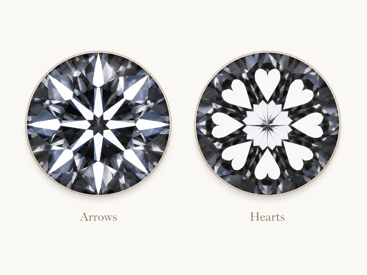 Arrows pattern seen face-up through the table of a hearts and arrows diamond