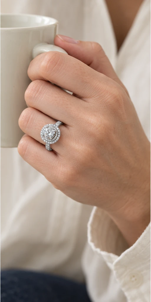 Round Halo Lab-Grown Diamond Ring — 2 ct editorial styling