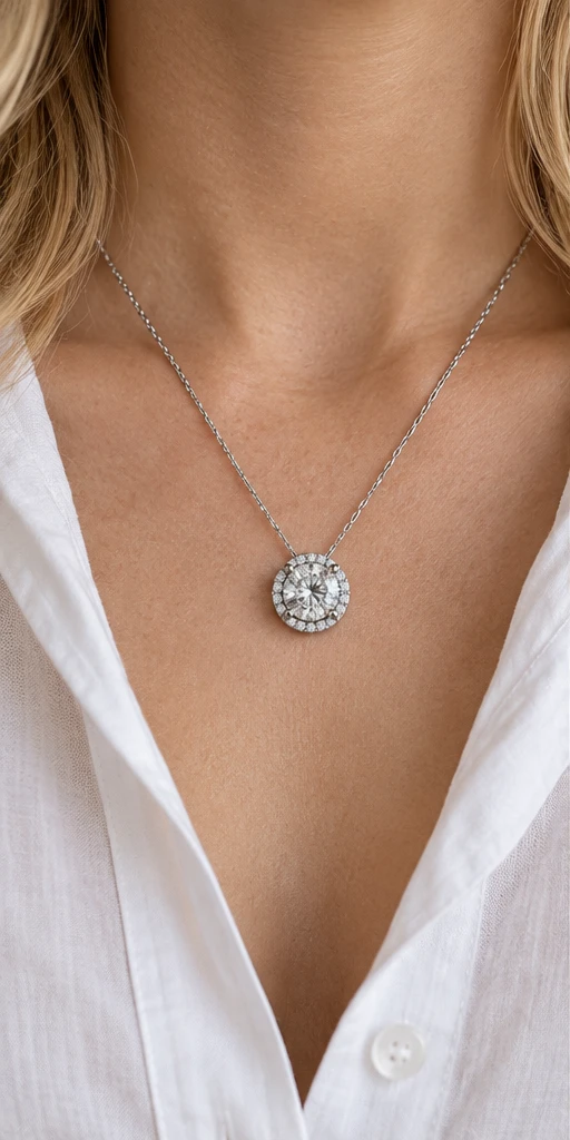 Round Halo Lab-Grown Diamond Necklace — editorial styling