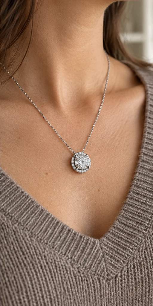 Round Halo Lab-Grown Diamond Necklace editorial styling
