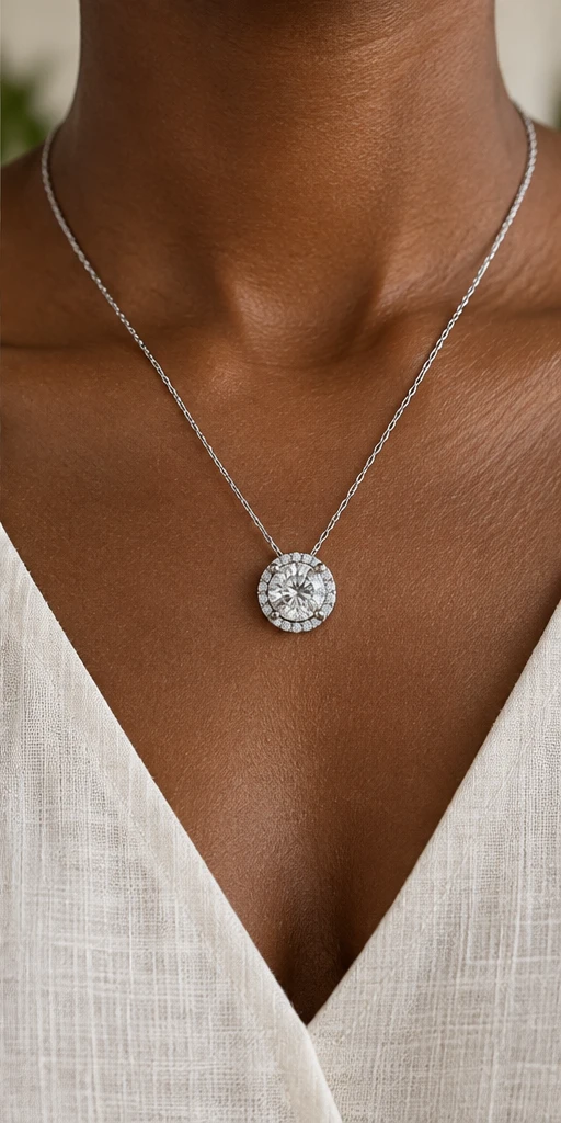 Round Halo Lab-Grown Diamond Necklace editorial styling
