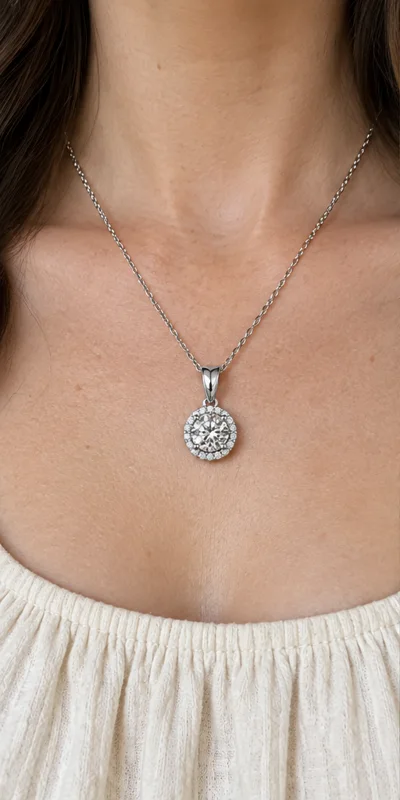 Round Halo Lab-Grown Diamond Necklace editorial styling