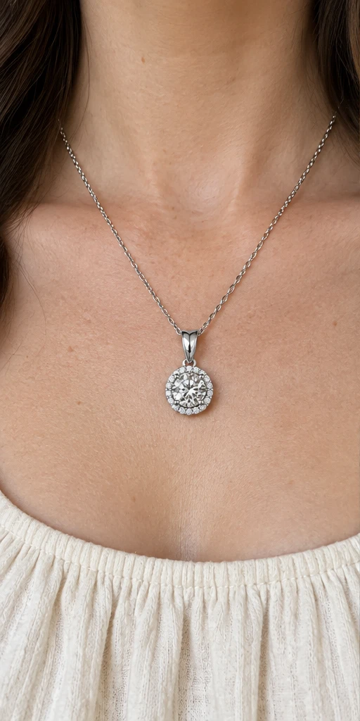 Round Halo Lab-Grown Diamond Necklace — editorial styling