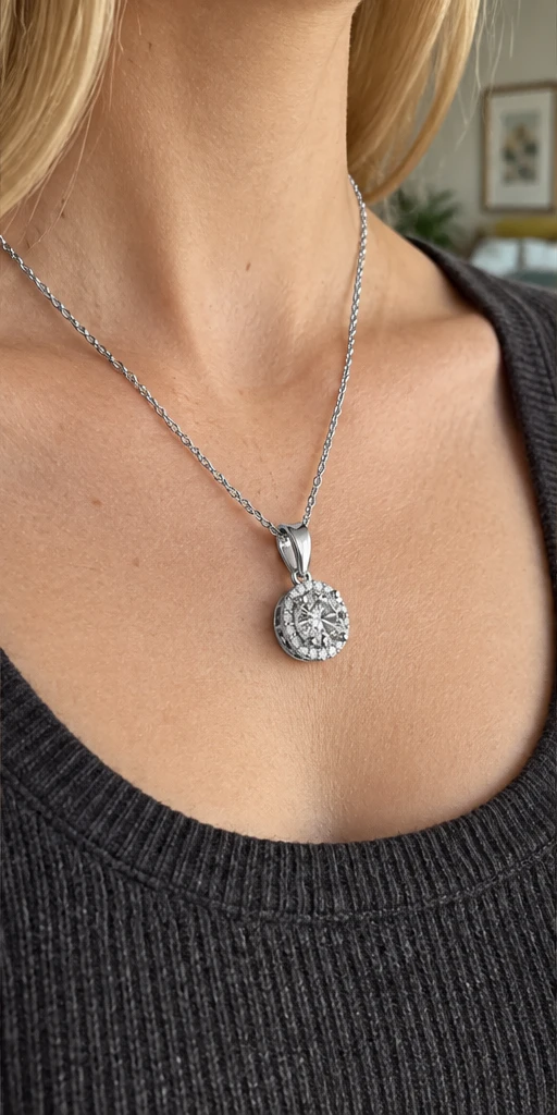 Round Halo Lab-Grown Diamond Necklace editorial styling