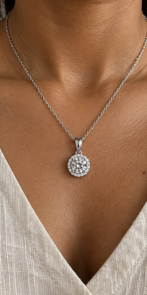 Round Halo Lab-Grown Diamond Necklace editorial styling
