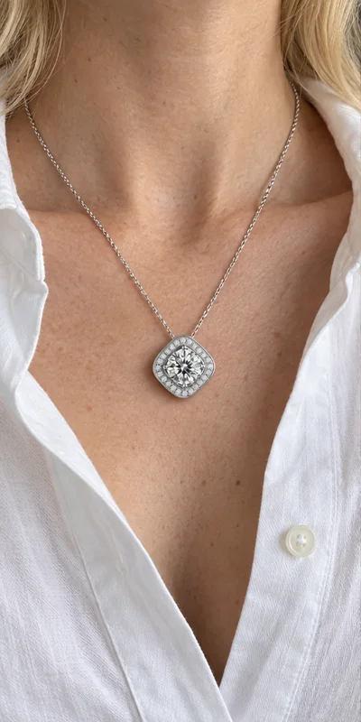 Square Halo Lab-Grown Diamond Necklace editorial styling
