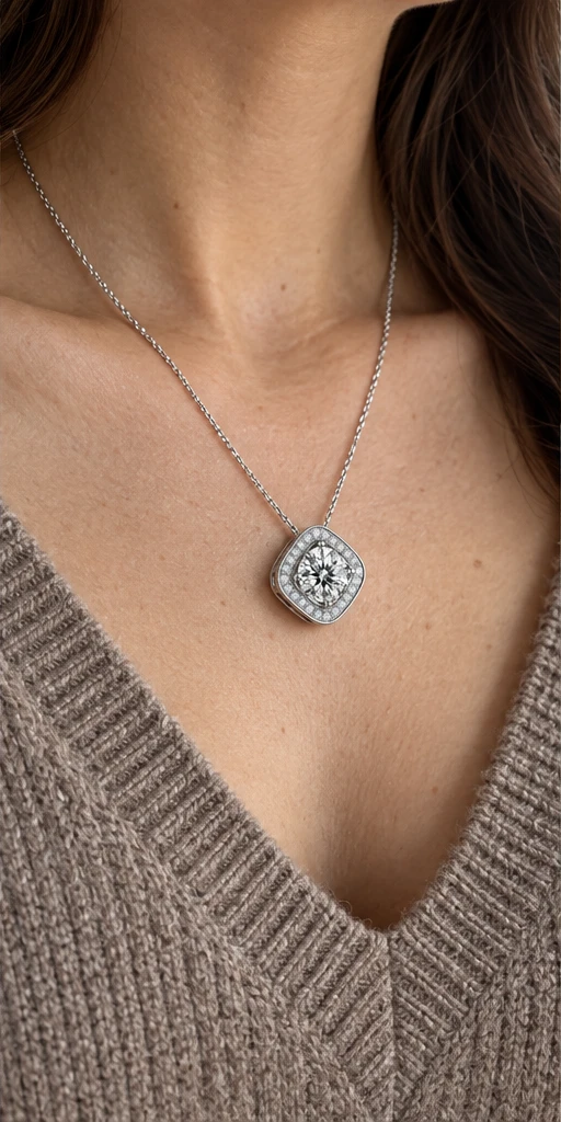 Square Halo Lab-Grown Diamond Necklace editorial styling