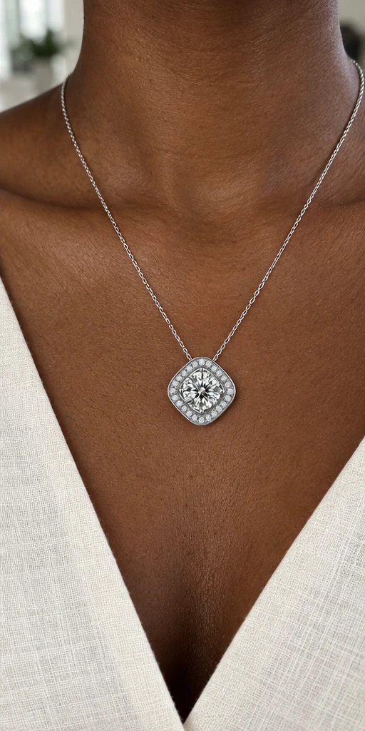 Square Halo Lab-Grown Diamond Necklace editorial styling