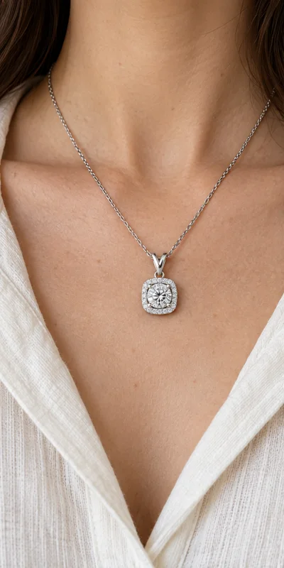 Square Halo Lab-Grown Diamond Necklace editorial styling
