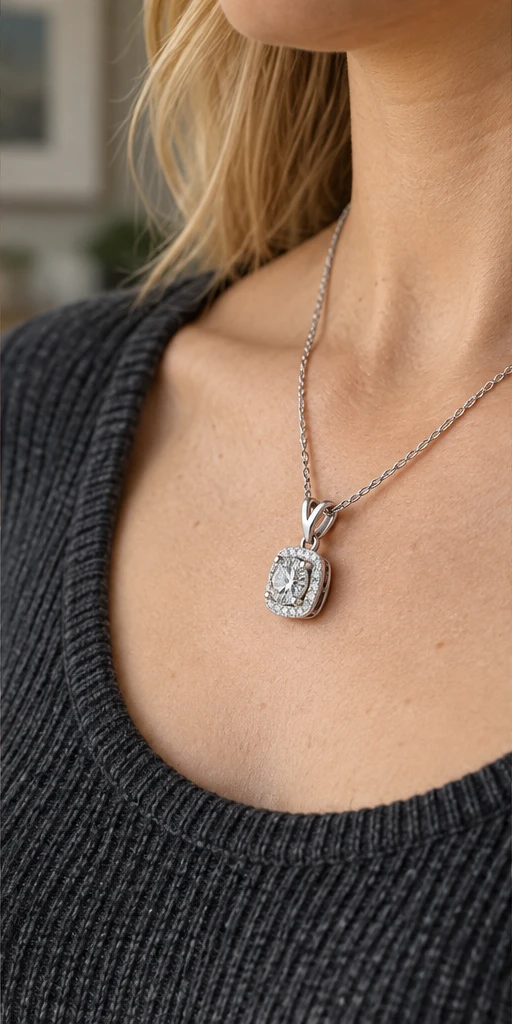 Square Halo Lab-Grown Diamond Necklace editorial styling