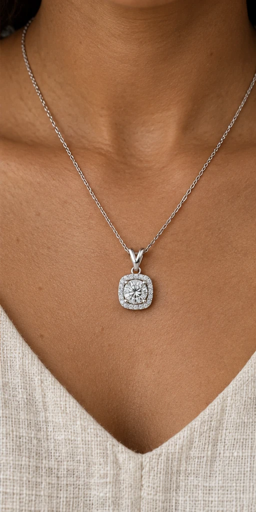 Square Halo Lab-Grown Diamond Necklace editorial styling
