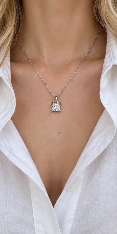 Square Solitaire Lab-Grown Diamond Necklace editorial styling