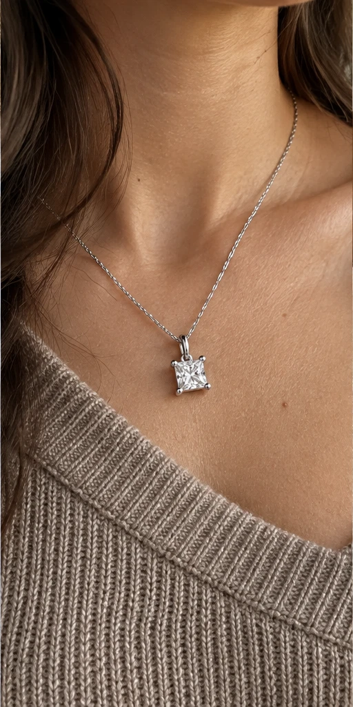 Square Solitaire Lab-Grown Diamond Necklace editorial styling