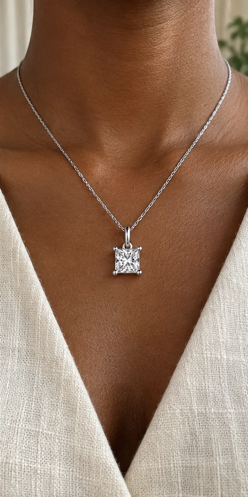 Square Solitaire Lab-Grown Diamond Necklace editorial styling