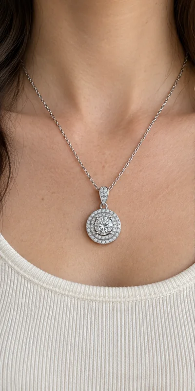 Round Halo Lab-Grown Diamond Necklace editorial styling