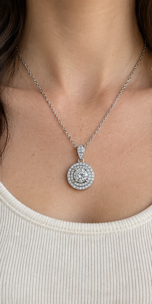 Round Halo Lab-Grown Diamond Necklace — editorial styling