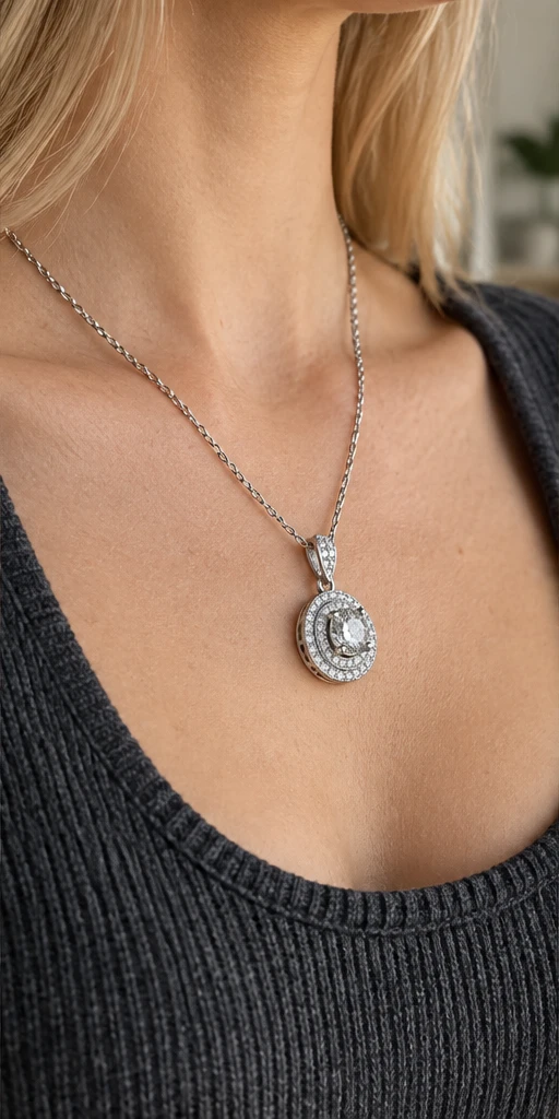 Round Halo Lab-Grown Diamond Necklace editorial styling