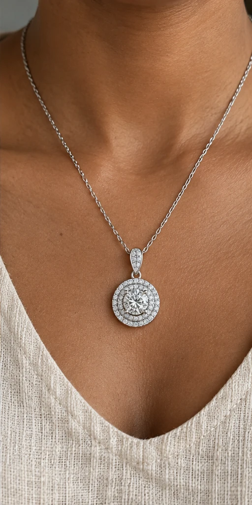 Round Halo Lab-Grown Diamond Necklace editorial styling