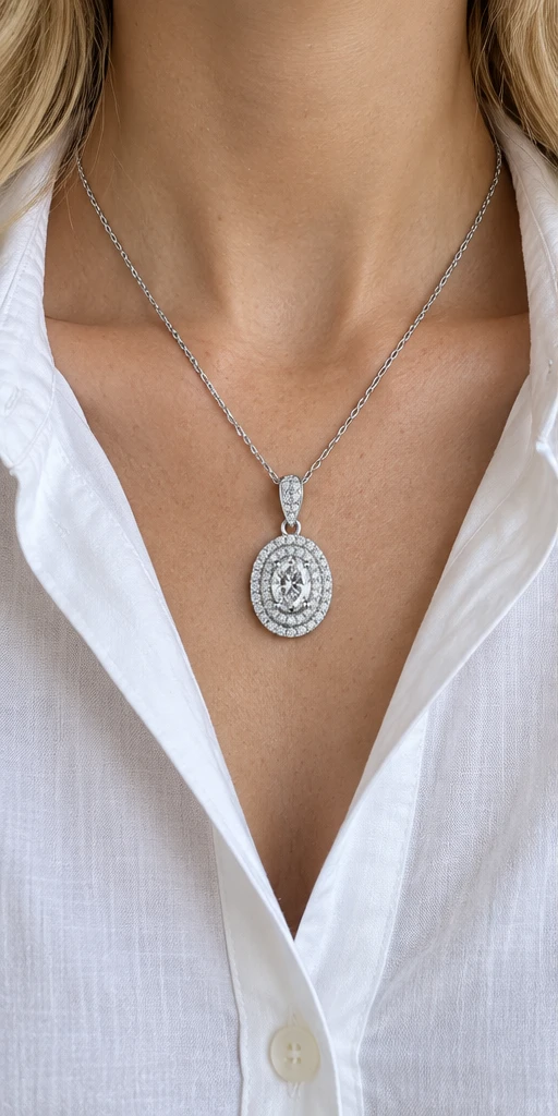 Oval Halo Lab-Grown Diamond Necklace — editorial styling