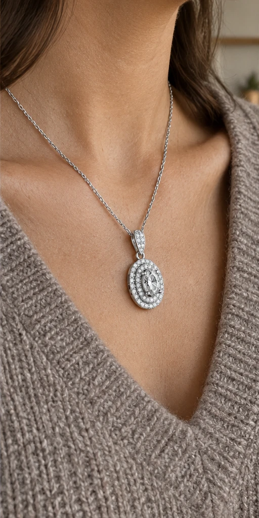 Oval Halo Lab-Grown Diamond Necklace editorial styling