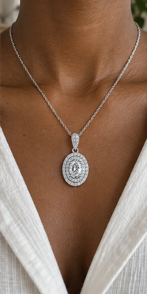 Oval Halo Lab-Grown Diamond Necklace editorial styling