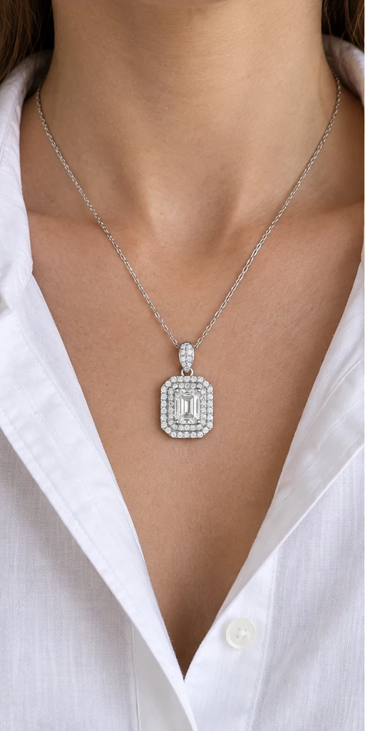 Rectangular Halo Lab-Grown Diamond Necklace — editorial styling