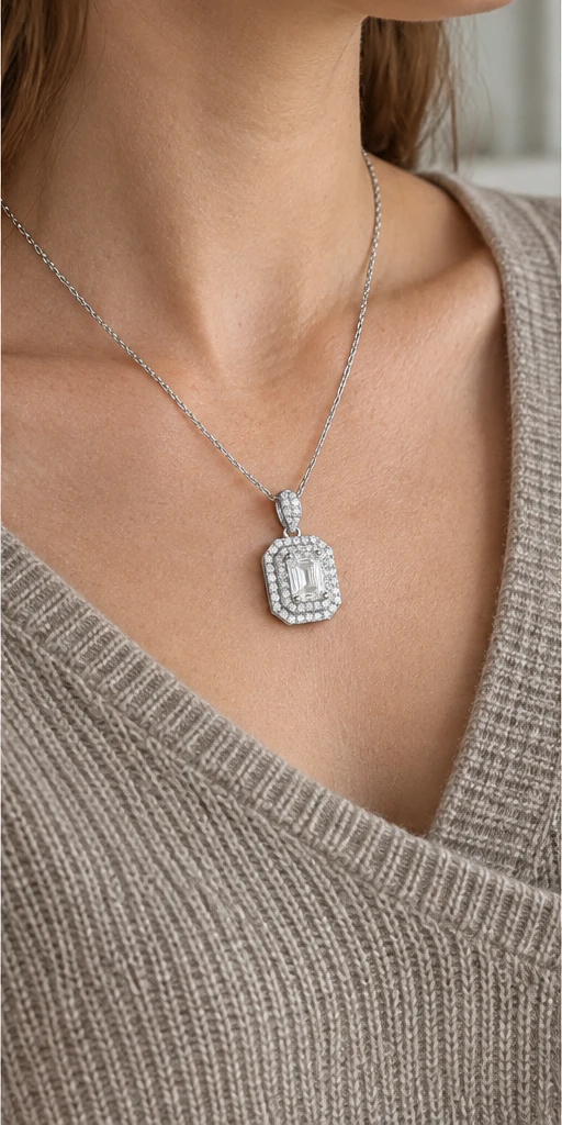 Rectangular Halo Lab-Grown Diamond Necklace editorial styling