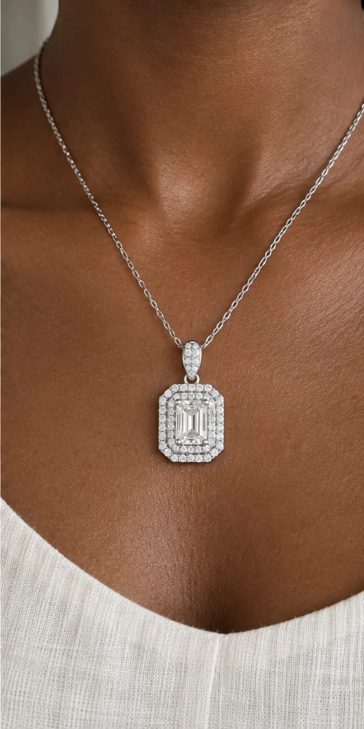 Rectangular Halo Lab-Grown Diamond Necklace editorial styling