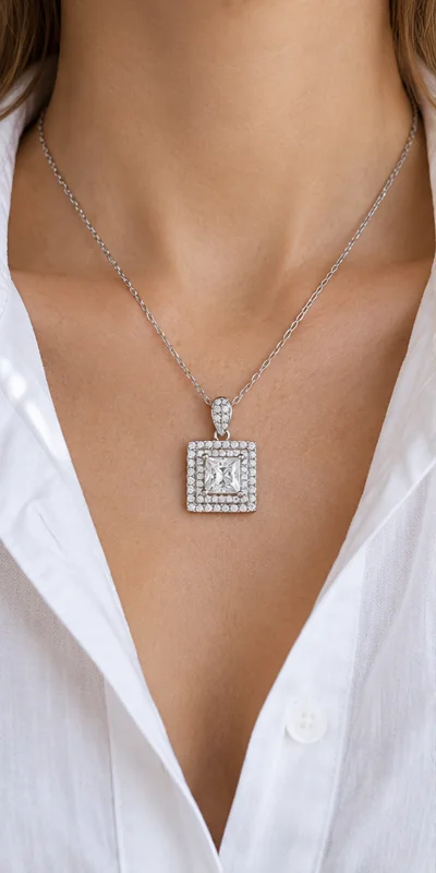 Square Halo Lab-Grown Diamond Necklace editorial styling
