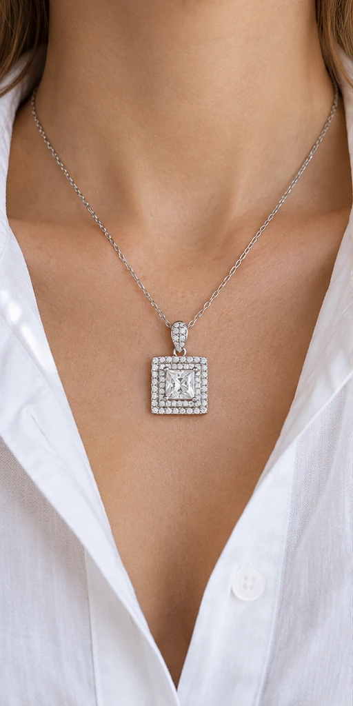 Square Halo Lab-Grown Diamond Necklace — editorial styling