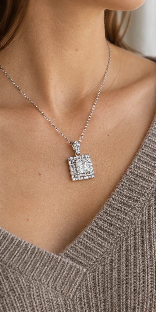 Square Halo Lab-Grown Diamond Necklace editorial styling