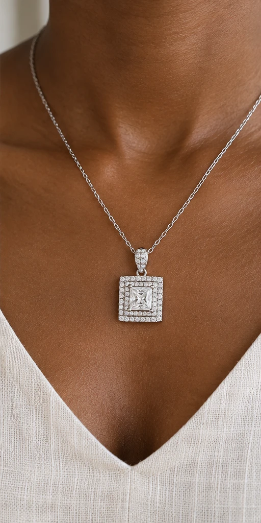 Square Halo Lab-Grown Diamond Necklace editorial styling