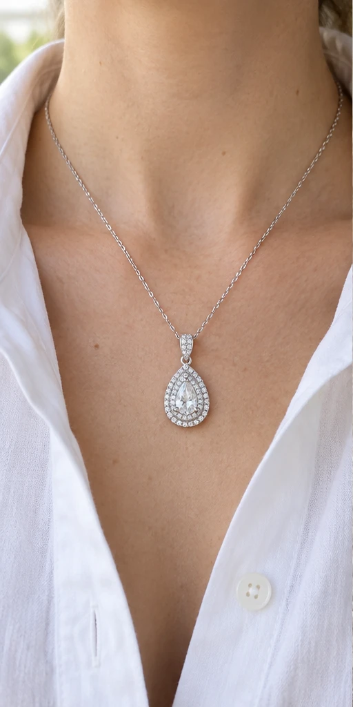 Pear Halo Lab-Grown Diamond Necklace — editorial styling
