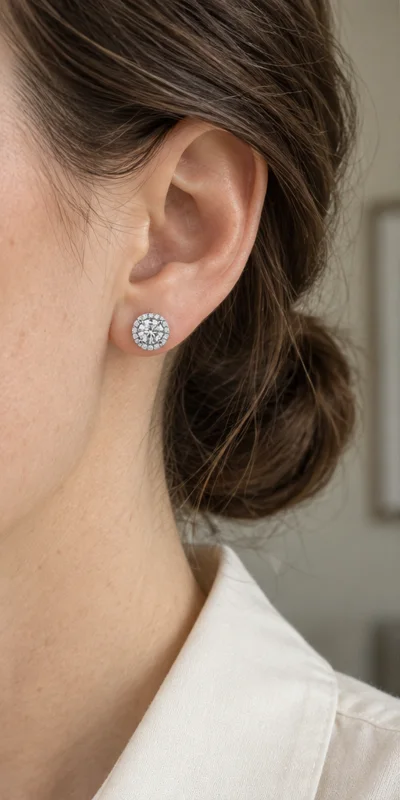 Round Halo Lab-Grown Diamond Stud Earrings editorial styling