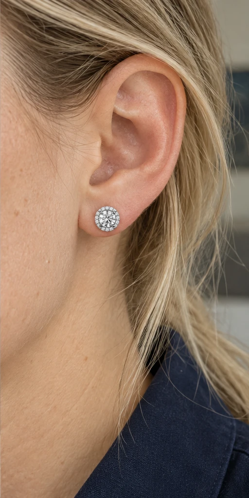 Round Halo Lab-Grown Diamond Stud Earrings editorial styling