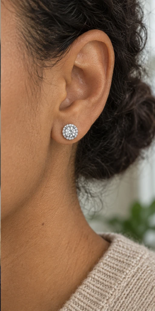 Round Halo Lab-Grown Diamond Stud Earrings editorial styling