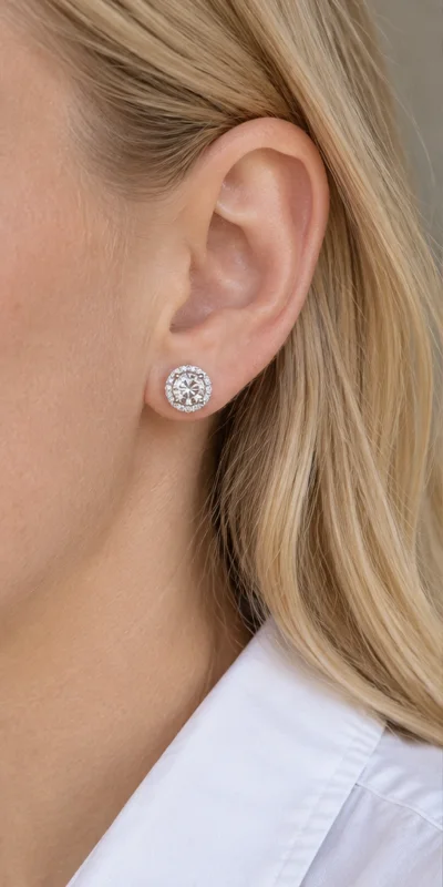 Round Halo Lab-Grown Diamond Stud Earrings editorial styling