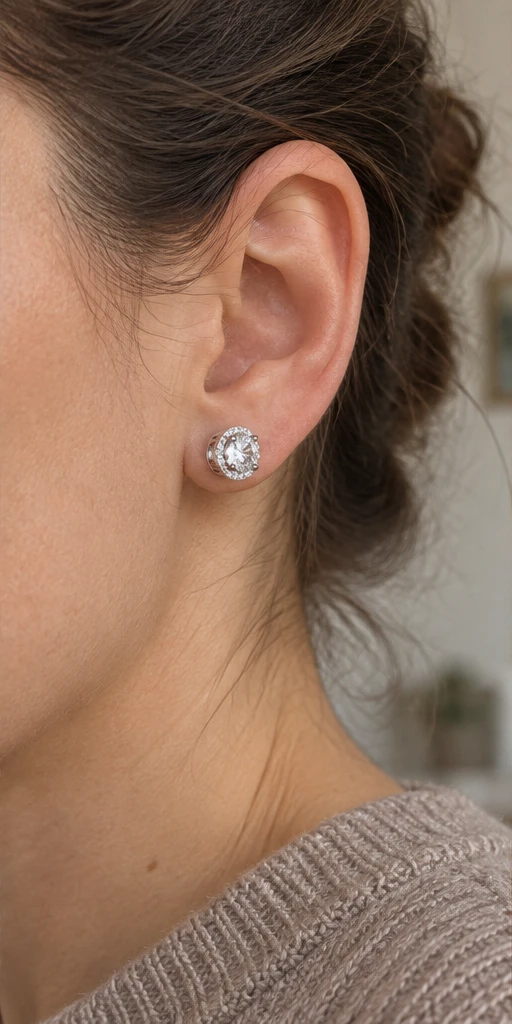 Round Halo Lab-Grown Diamond Stud Earrings editorial styling