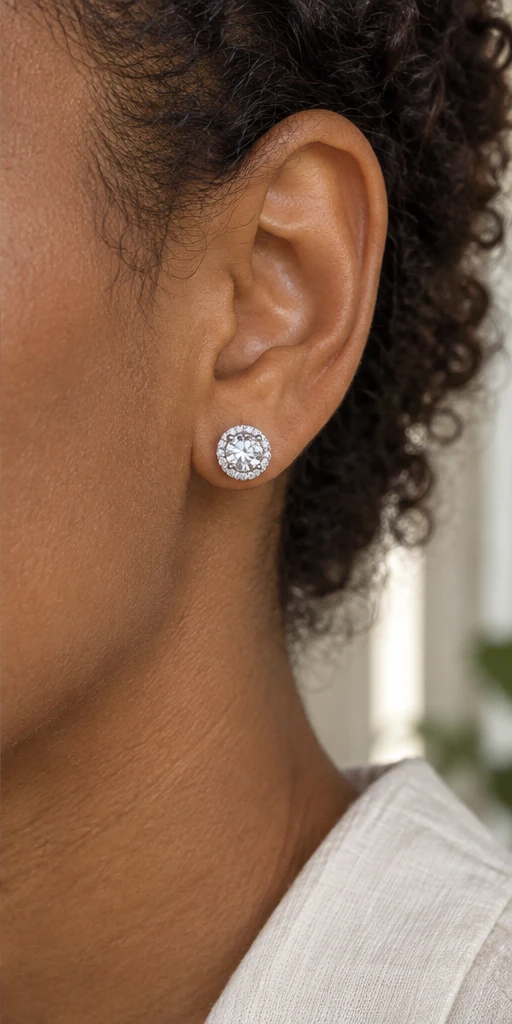 Round Halo Lab-Grown Diamond Stud Earrings editorial styling