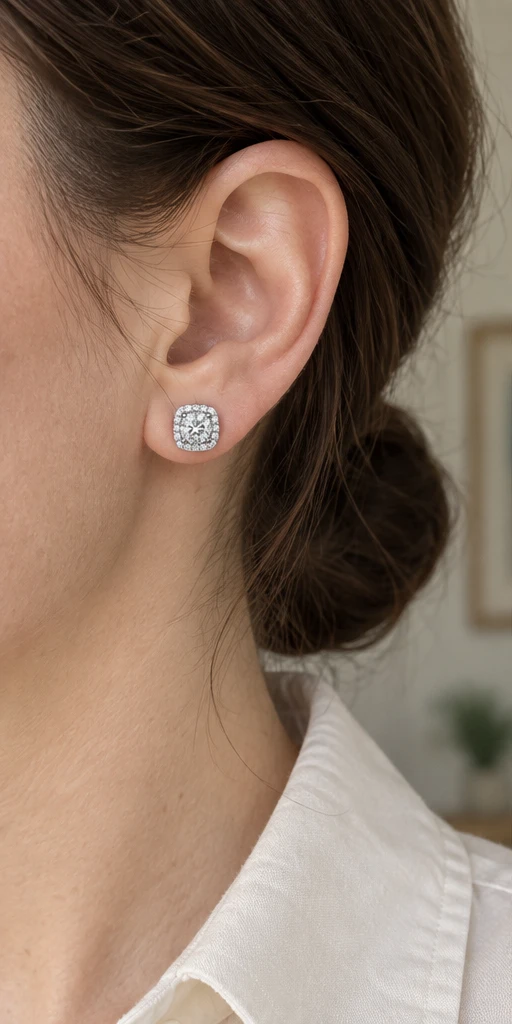Square Halo Lab-Grown Diamond Stud Earrings — editorial styling