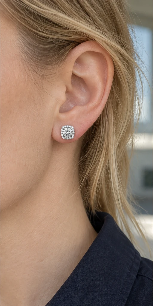 Square Halo Lab-Grown Diamond Stud Earrings editorial styling
