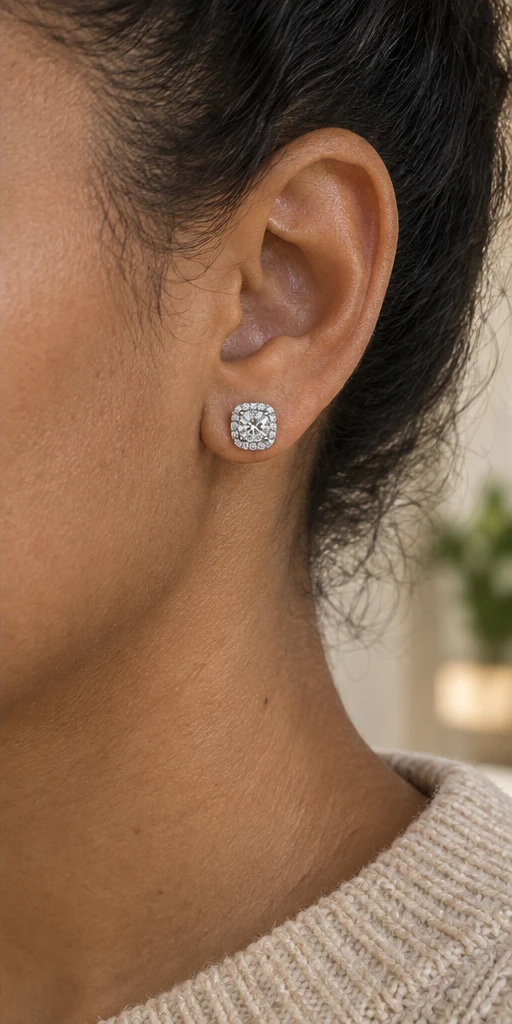 Square Halo Lab-Grown Diamond Stud Earrings editorial styling