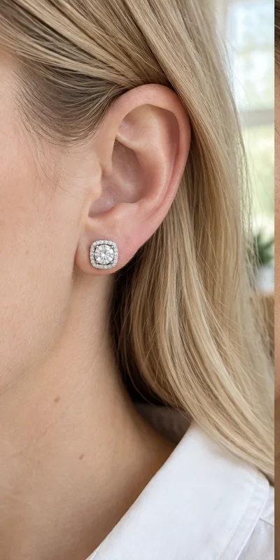 Square Halo Lab-Grown Diamond Stud Earrings editorial styling